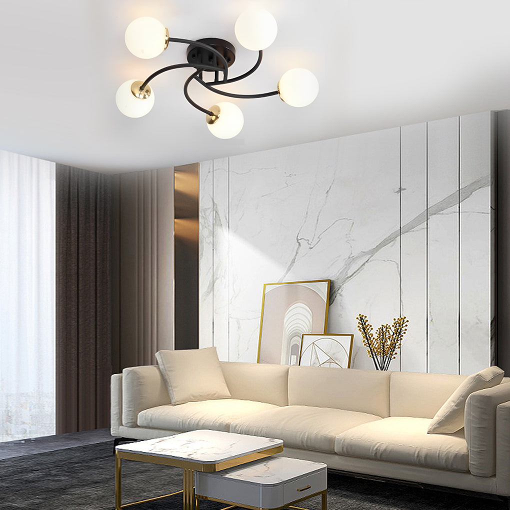 5-Light Glass Globe Swirled Metal LED Modern Flush Mount Ceiling Light