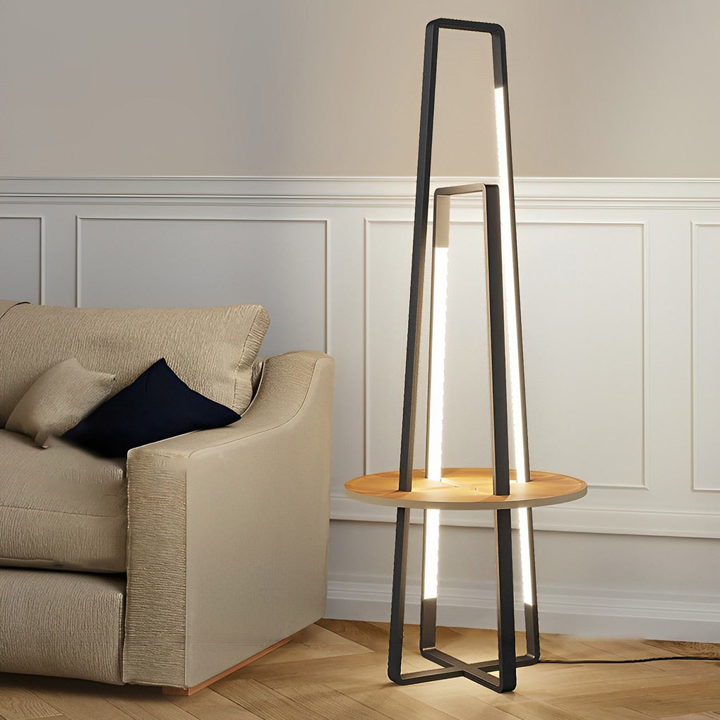 Modern 63'' LED Metal Floor Lamp with Wooden Tray and Remote Control