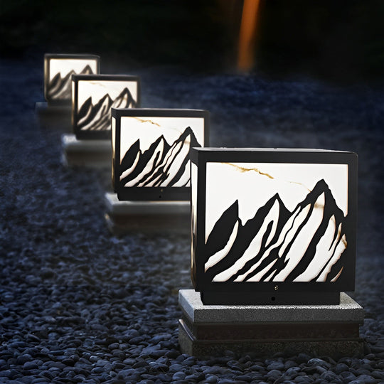 Black Solar LED Fence Post Light with Mountain Pattern Design