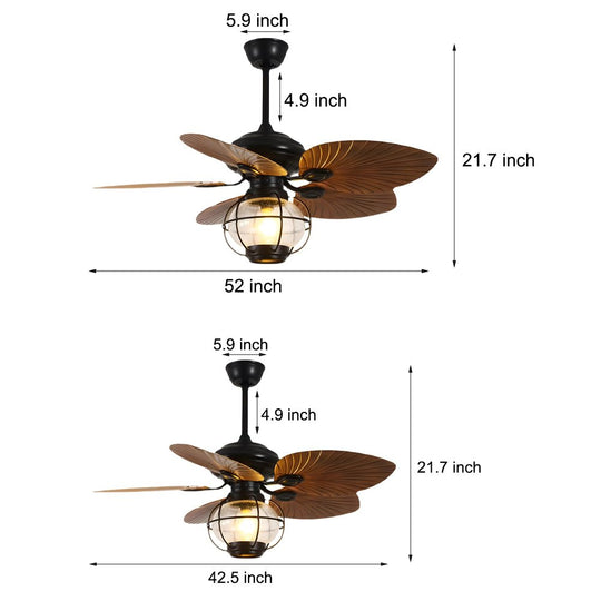 42/52-Inch Tropical 5-Blade Reversible Ceiling Fan Light with Remote