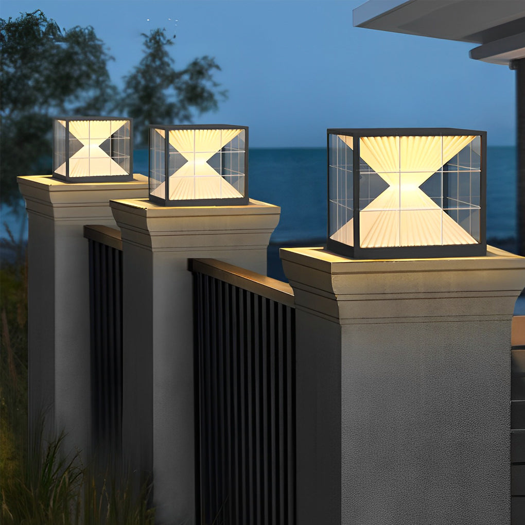 Square Hourglass Shape LED Solar Fence Post Lights Waterproof Outdoor