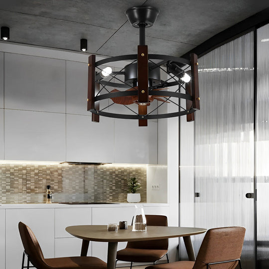 Retro Black Bladeless Ceiling Fan with Mesh Chandelier Cage and E26 Holders