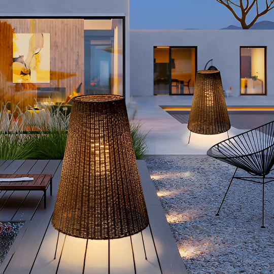 Rattan Shaded Tripod Outdoor Floor Lamp with Metal Frame
