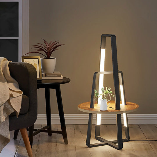 Modern 63'' LED Metal Floor Lamp with Wooden Tray and Remote Control