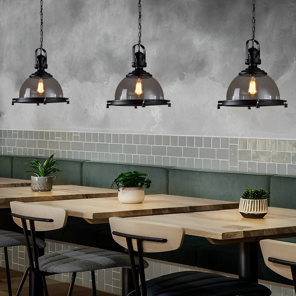Retro Semicircular Glass Iron Black Industrial Pendant Light Chandelier