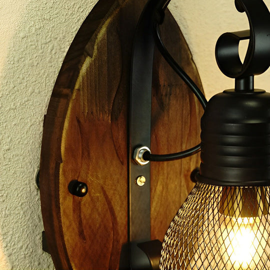 Rustic Antique Wood & Iron Mesh Industrial Wall Lamp