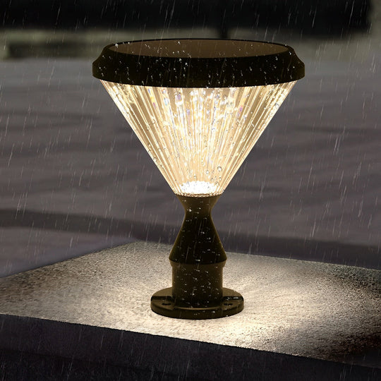 Round Black Solar LED Outdoor Light with Ribbed Lampshade