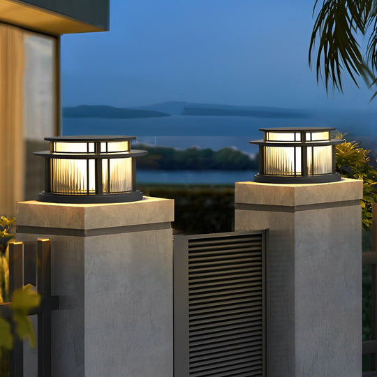 Round Waterproof LED Black Modern Solar Fence Post Lights Pillar Light