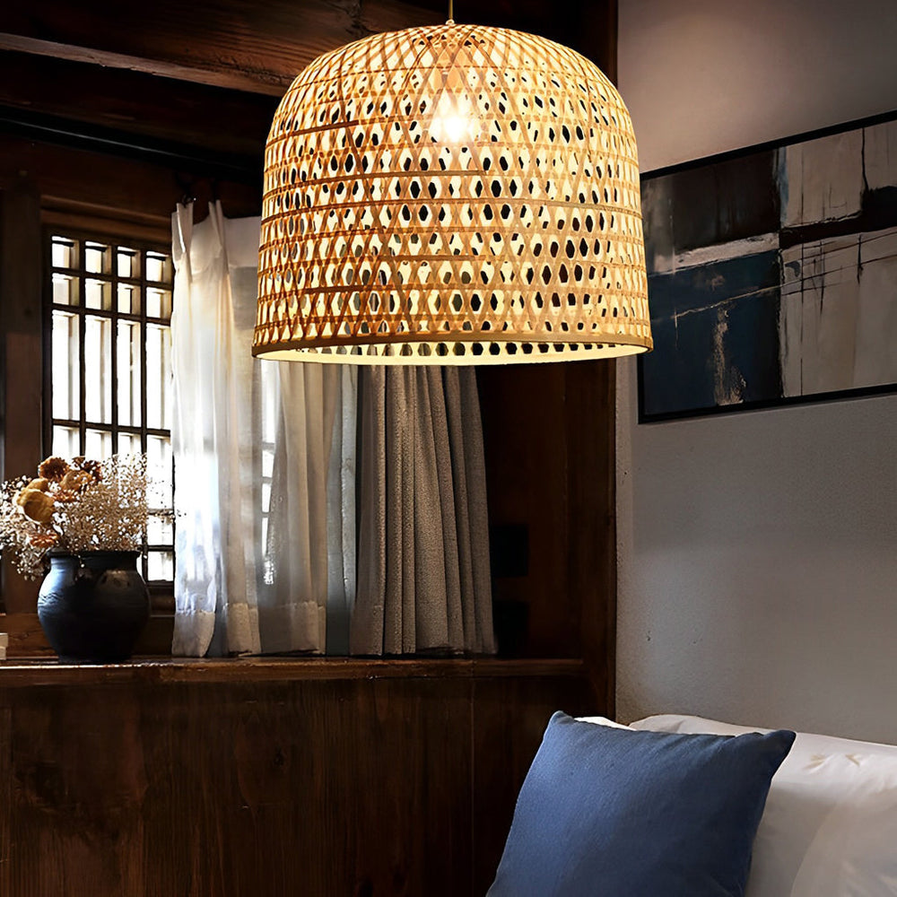 Round Bamboo Hand Woven Pendant Light – Nature Inspired Country Ceiling Light
