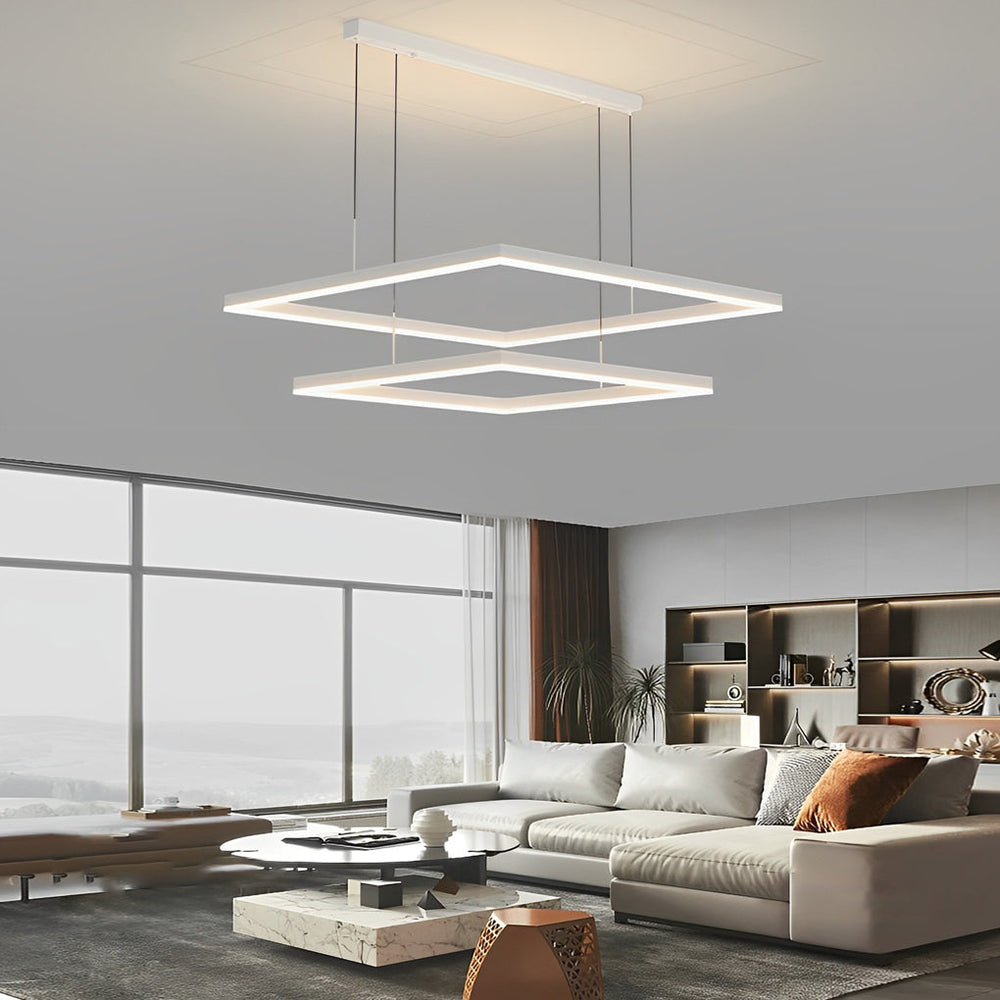 Ultra-Thin Square Rings Three-Step Dimming LED Modern Chandelier – White Finish