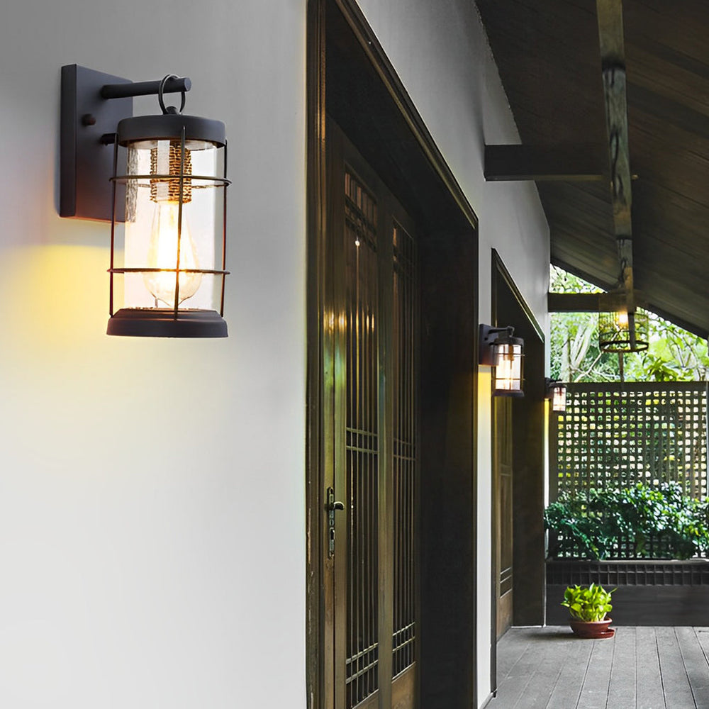 Waterproof Iron Glass Lantern Black Retro Rustic Exterior Wall Light