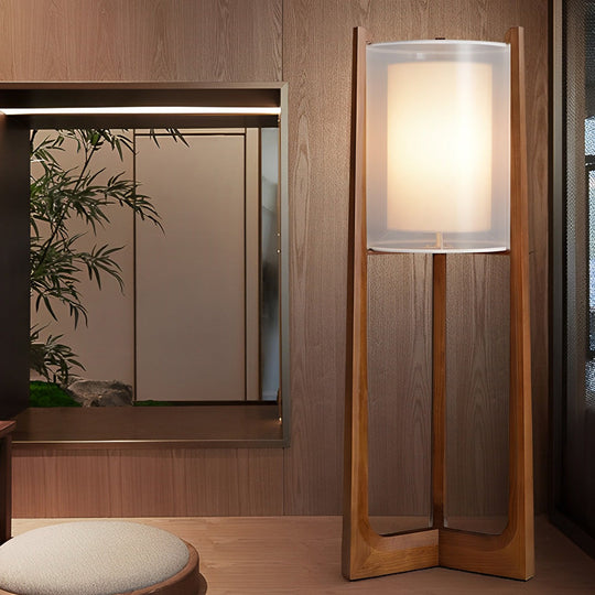 Rustic Japanese-Style Wood Standing Floor Lamp with Double Shades