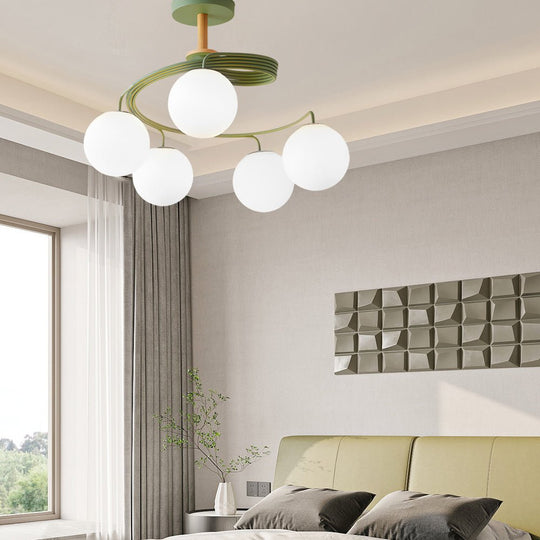 5 Light Glass Ball Spiral Metallic Semi Flush Mount Ceiling Light