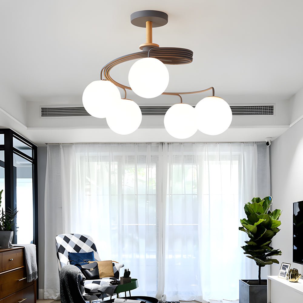 5 Light Glass Ball Spiral Metallic Semi Flush Mount Ceiling Light