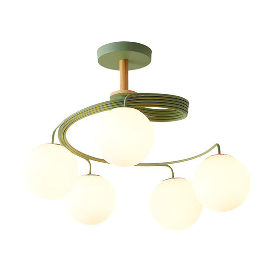 5 Light Glass Ball Spiral Metallic Semi Flush Mount Ceiling Light