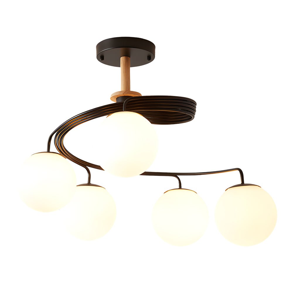 5 Light Glass Ball Spiral Metallic Semi Flush Mount Ceiling Light