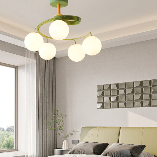 5 Light Glass Ball Spiral Metallic Semi Flush Mount Ceiling Light