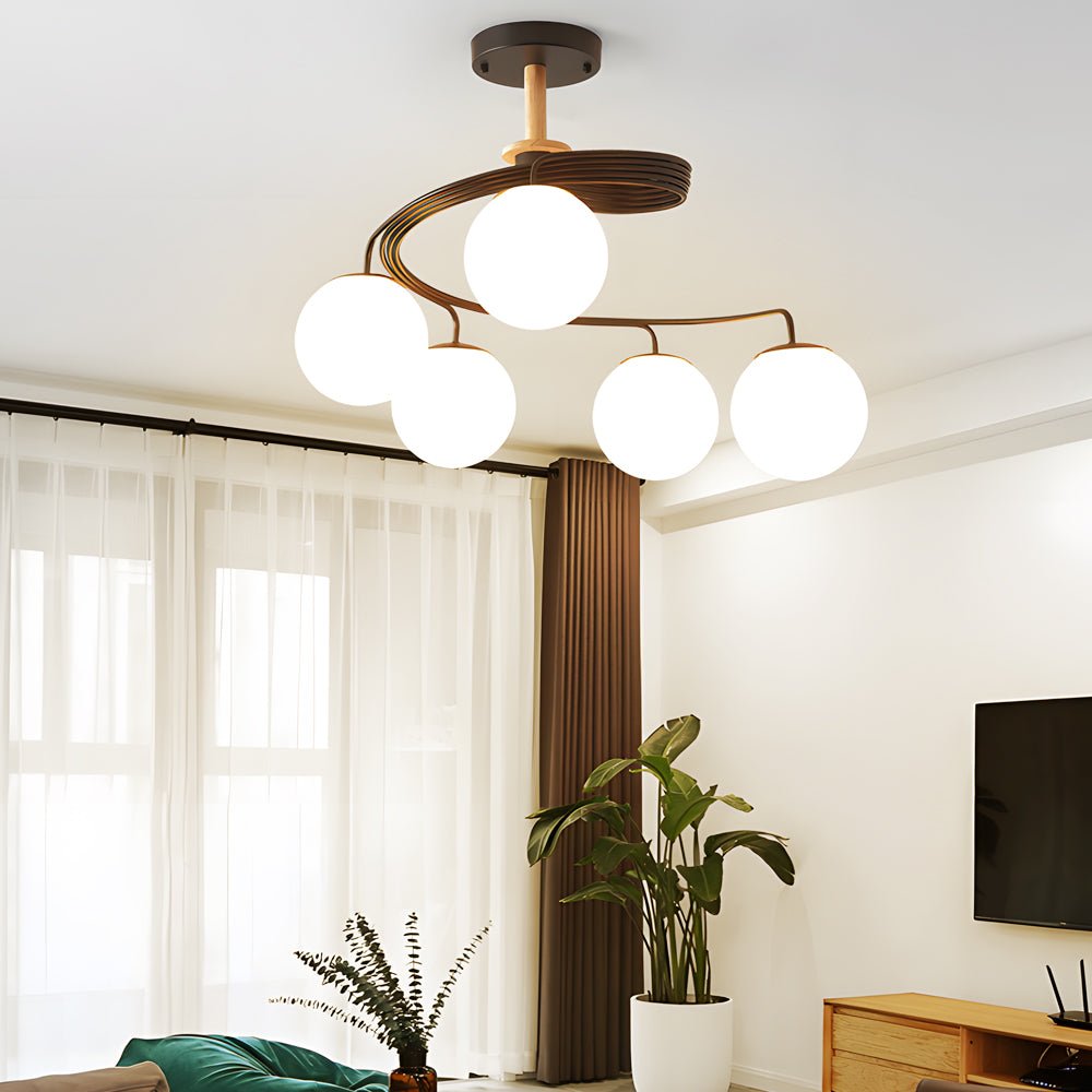5 Light Glass Ball Spiral Metallic Semi Flush Mount Ceiling Light
