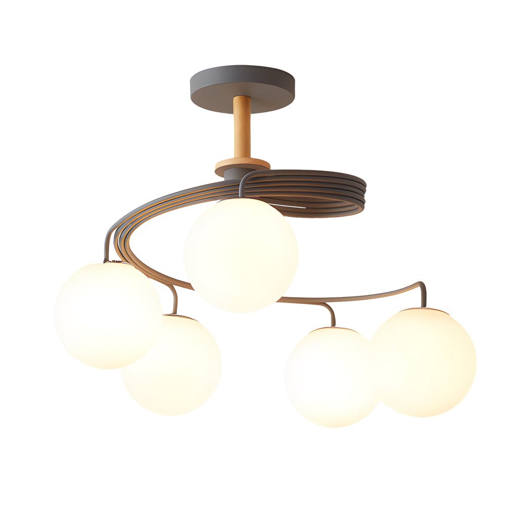 5 Light Glass Ball Spiral Metallic Semi Flush Mount Ceiling Light