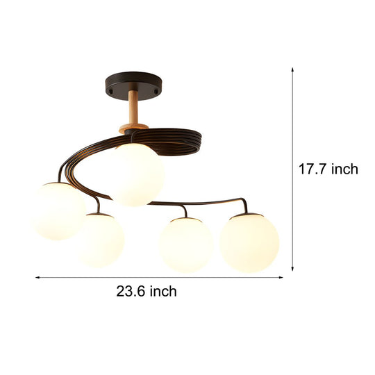 5 Light Glass Ball Spiral Metallic Semi Flush Mount Ceiling Light