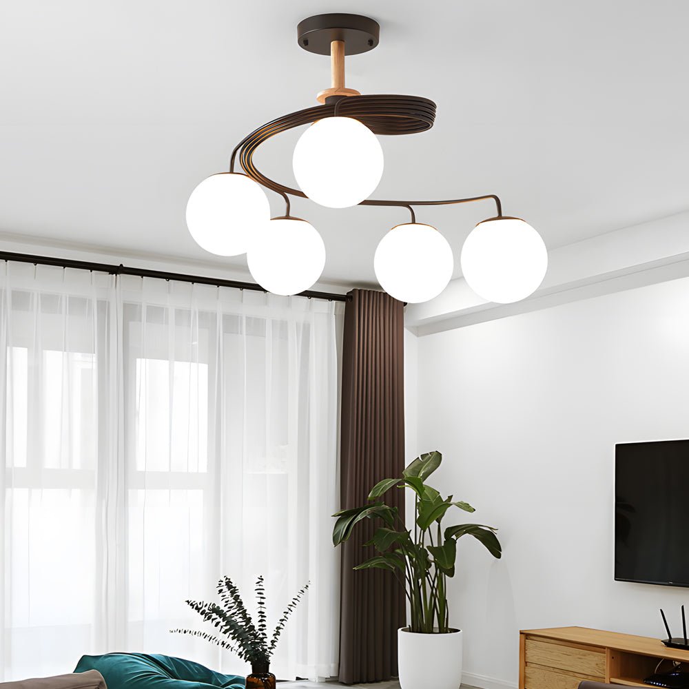 5 Light Glass Ball Spiral Metallic Semi Flush Mount Ceiling Light