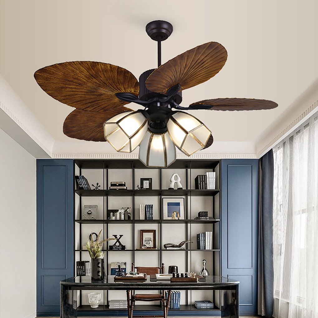 52 Inch Rustic Leaf Blade Ceiling Fan with 12W Dimming LED and Inverter Motor
