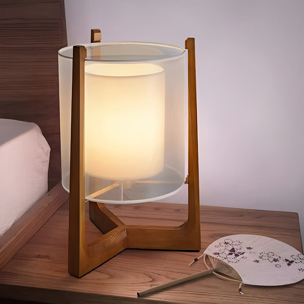 Rustic Japanese-Style Wood Standing Floor Lamp with Double Shades