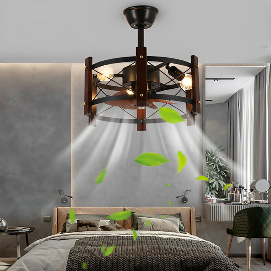 Retro Black Bladeless Ceiling Fan with Mesh Chandelier Cage and E26 Holders