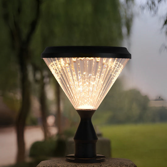 Round Black Solar LED Outdoor Light with Ribbed Lampshade
