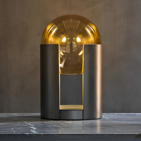 Amber Glass Ball Shade Lamp with Black Metal Base