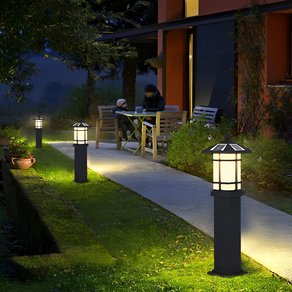 Modern Solar LED Bollard Lights with Ancient Asian Style Top – Waterproof Outdoor Light