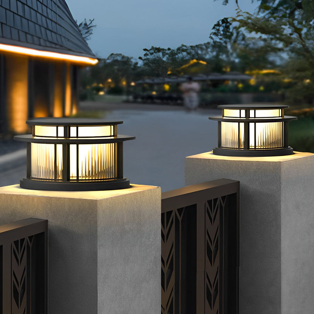 Round Waterproof LED Black Modern Solar Fence Post Lights Pillar Light