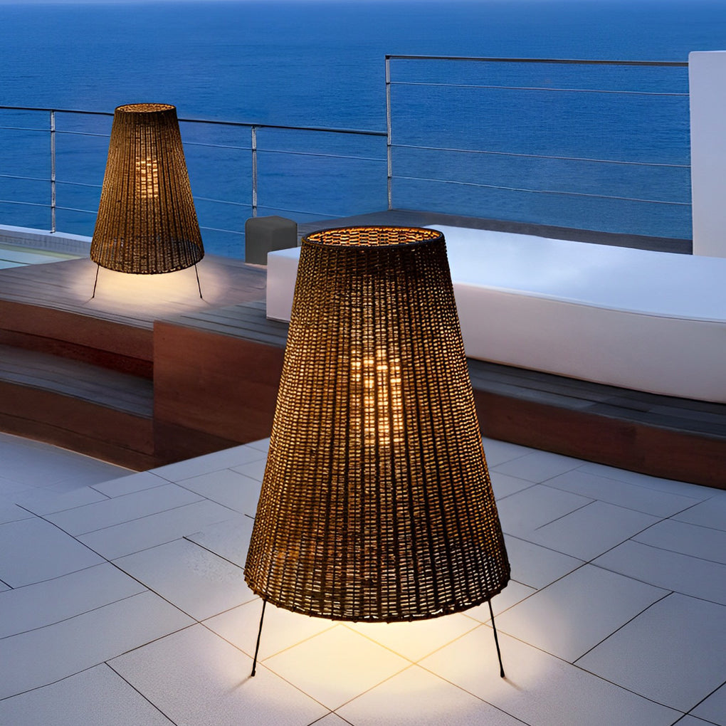 Rattan Shaded Tripod Outdoor Floor Lamp with Metal Frame