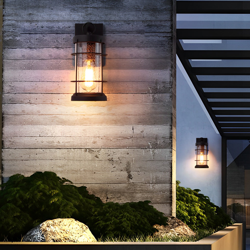 Waterproof Iron Glass Lantern Black Retro Rustic Exterior Wall Light