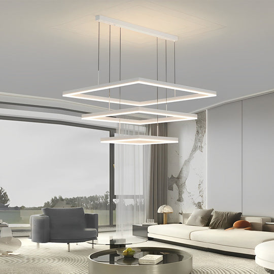 Ultra-Thin Square Rings Three-Step Dimming LED Modern Chandelier – White Finish