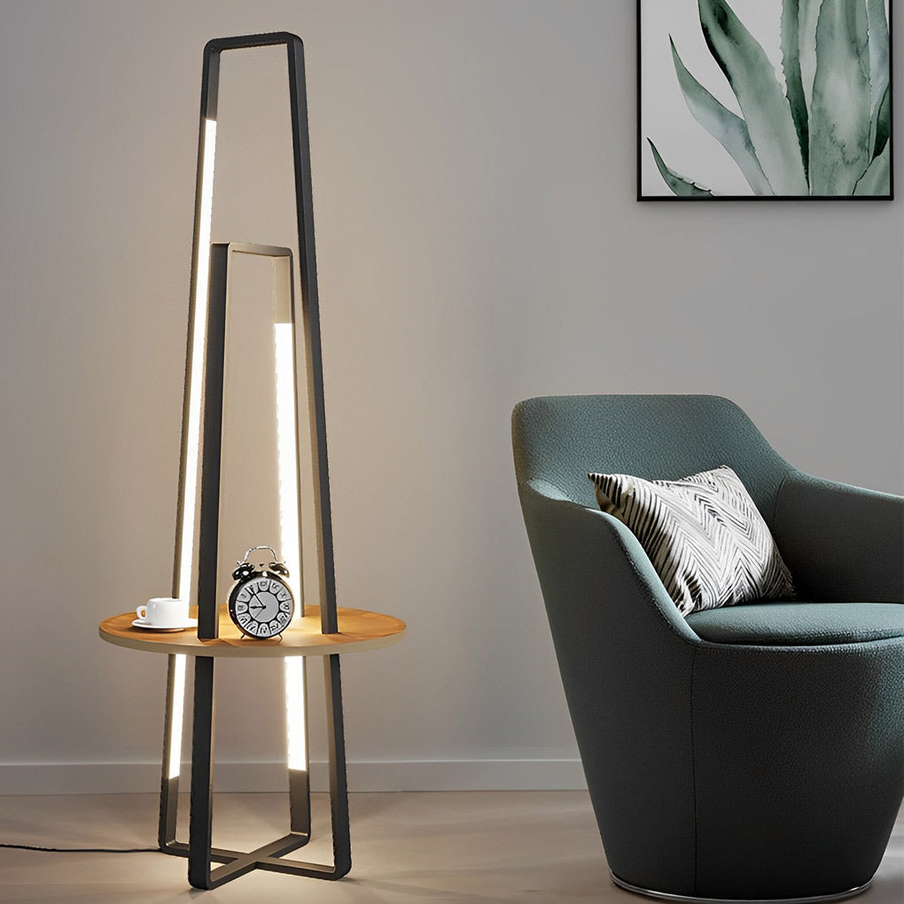 Modern 63'' LED Metal Floor Lamp with Wooden Tray and Remote Control