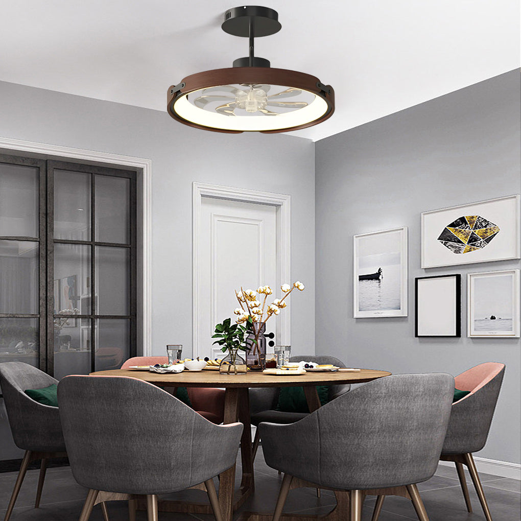 Round Wood LED 3-Step Dimming Bladeless Ceiling Fan with App Control