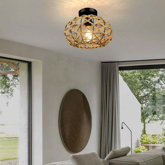 Round Hand-Woven Cage Rope Beige Retro Minimalist Ceiling Light Chandelier