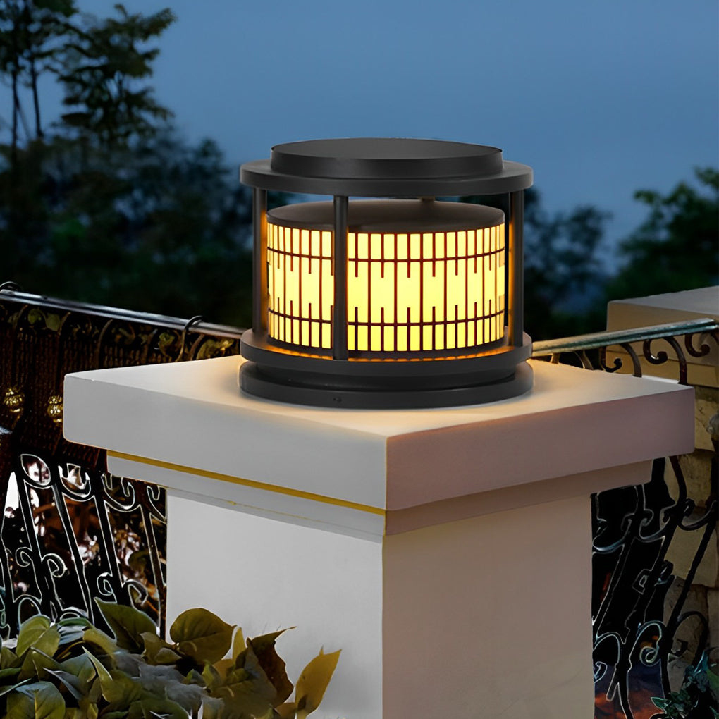 Round Retro Pattern Black Solar LED Fence Post Light