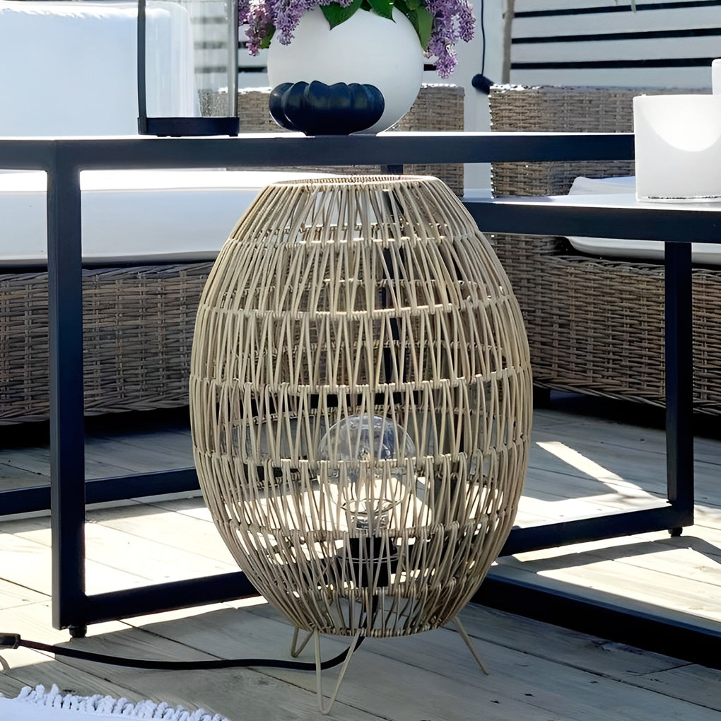 Elegant Handmade Rattan Oval Cage Outdoor Floor Lamp – Rustic Waterproof Lighting