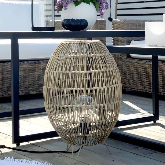 Elegant Handmade Rattan Oval Cage Outdoor Floor Lamp – Rustic Waterproof Lighting