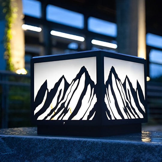 Black Solar LED Fence Post Light with Mountain Pattern Design