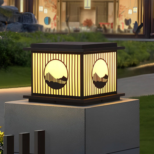 Retro Mountain Scenery LED Waterproof Black Solar Pillar Lamp