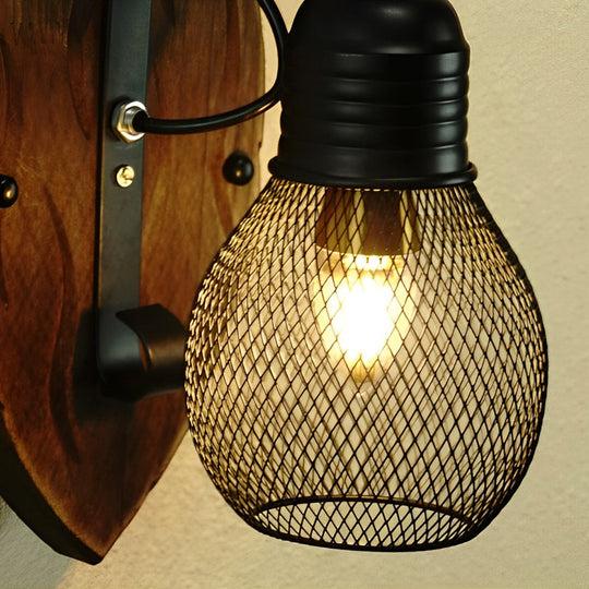Rustic Antique Wood & Iron Mesh Industrial Wall Lamp
