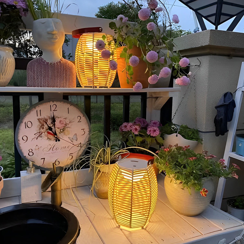 Portable Rattan Lantern Solar LED Waterproof Outdoor Floor Light