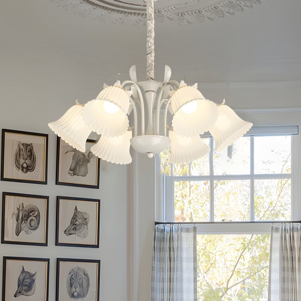 White Flower Chandelier with 3-Step Dimming, 6 Lights