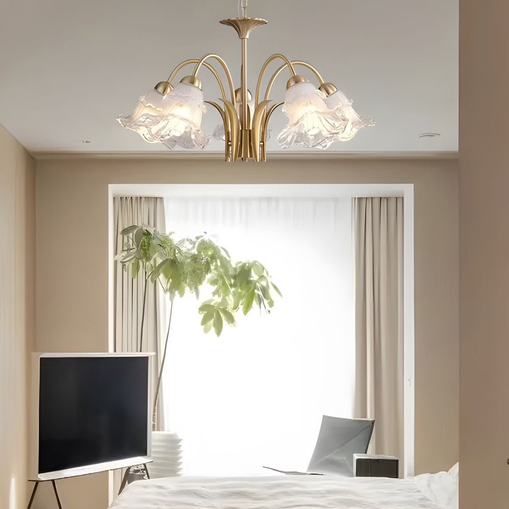 6/8-Light Glass Lily LED Chandelier – French Pastoral Gold Fixture