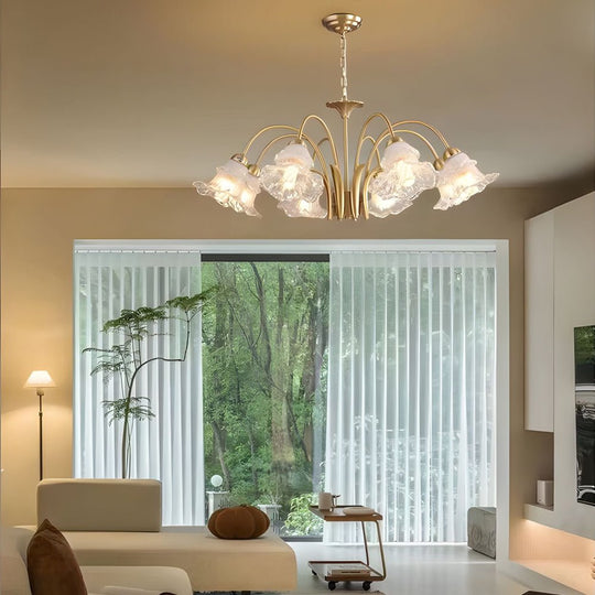 6/8-Light Glass Lily LED Chandelier – French Pastoral Gold Fixture
