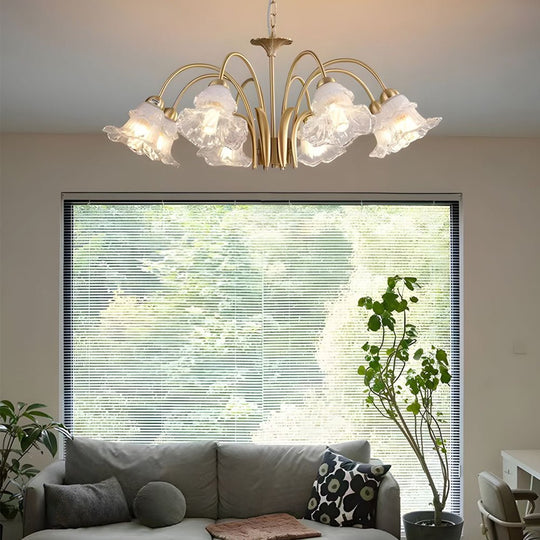 6/8-Light Glass Lily LED Chandelier – French Pastoral Gold Fixture