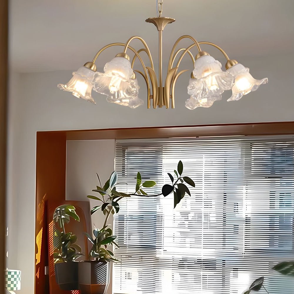 6/8-Light Glass Lily LED Chandelier – French Pastoral Gold Fixture